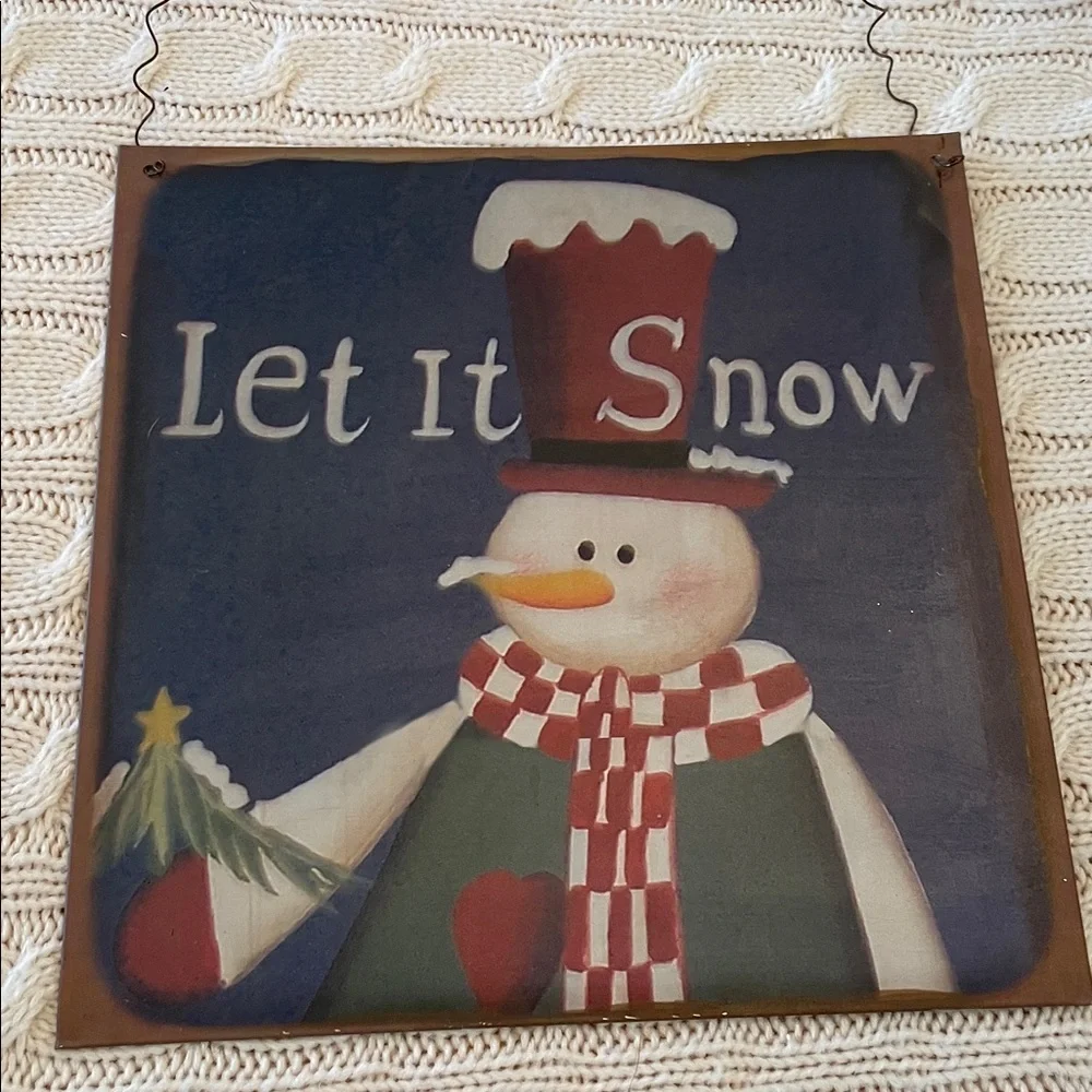 2 Tin snowman decorations w/ wire hanger. 8.6” square. Winter Christmas decor